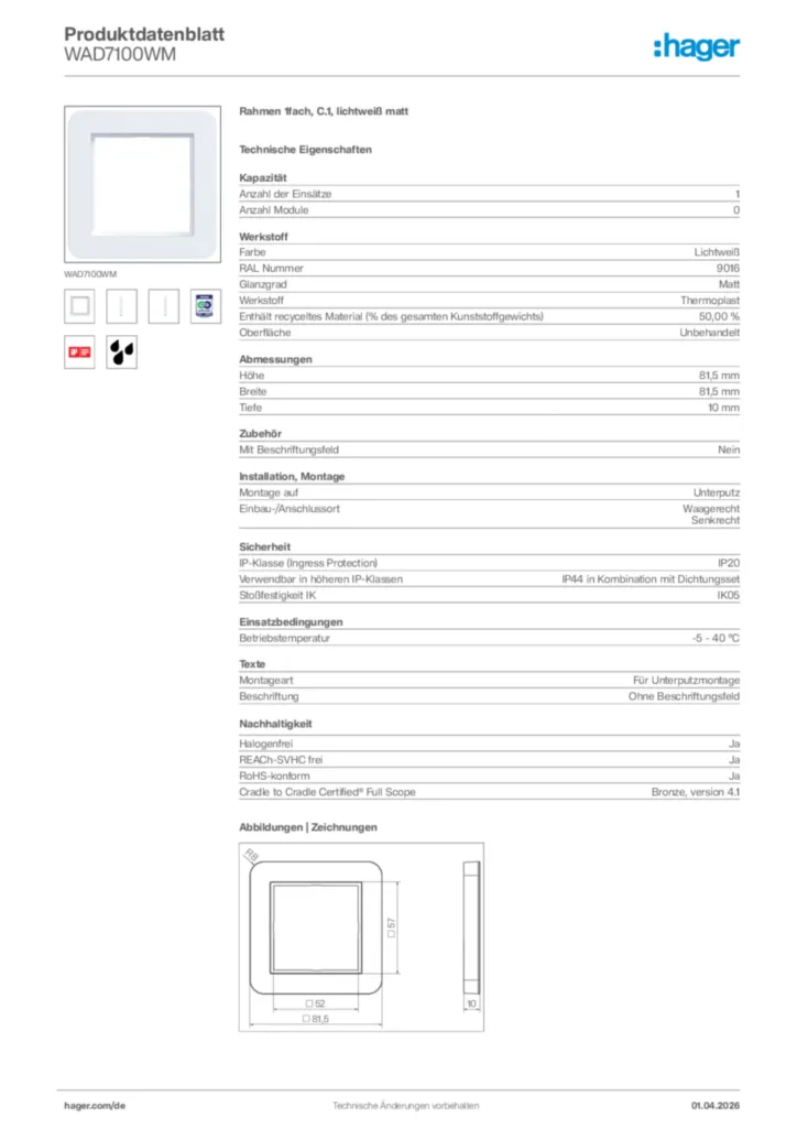 Bild Hager Produktdatenblatt WAD7100WM | Hager Deutschland