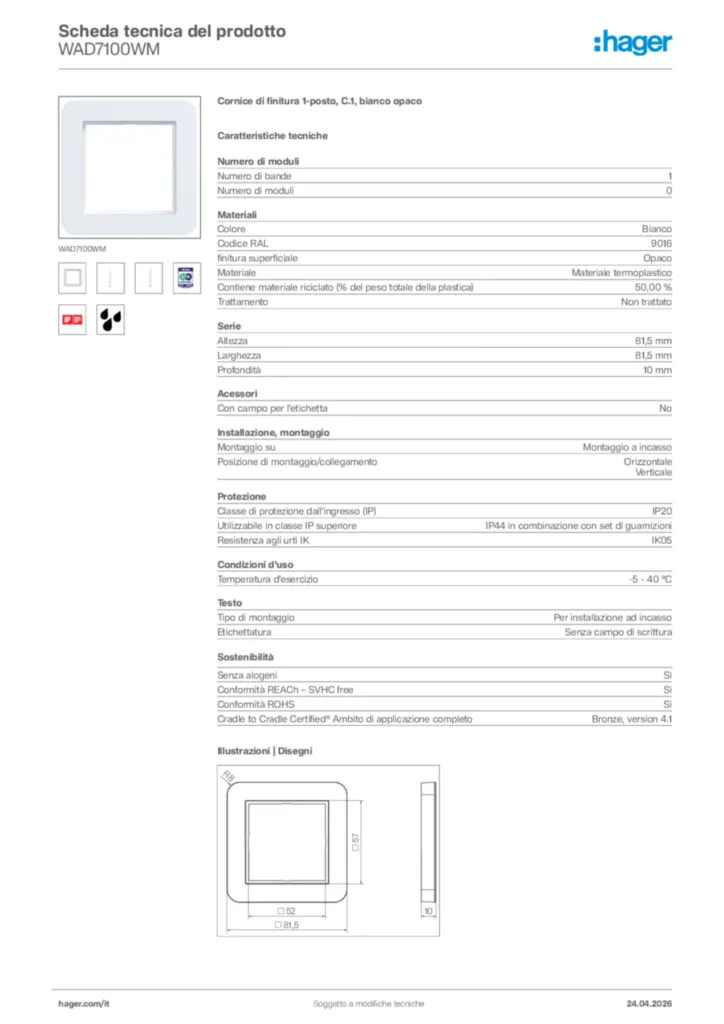 Immagine Hager Scheda tecnica del prodotto WAD7100WM | Hager Italia