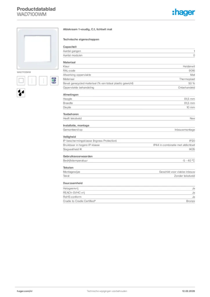 Afbeelding Hager Productdatablad WAD7100WM | Hager Nederland