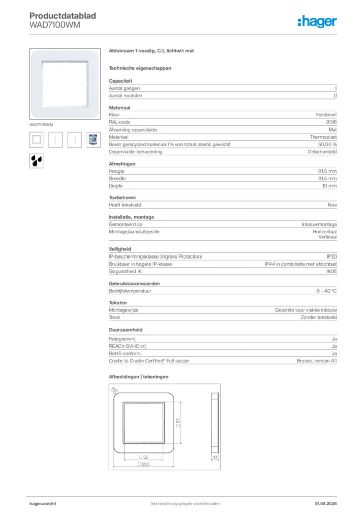 Afbeelding Hager Productdatablad WAD7100WM | Hager Nederland