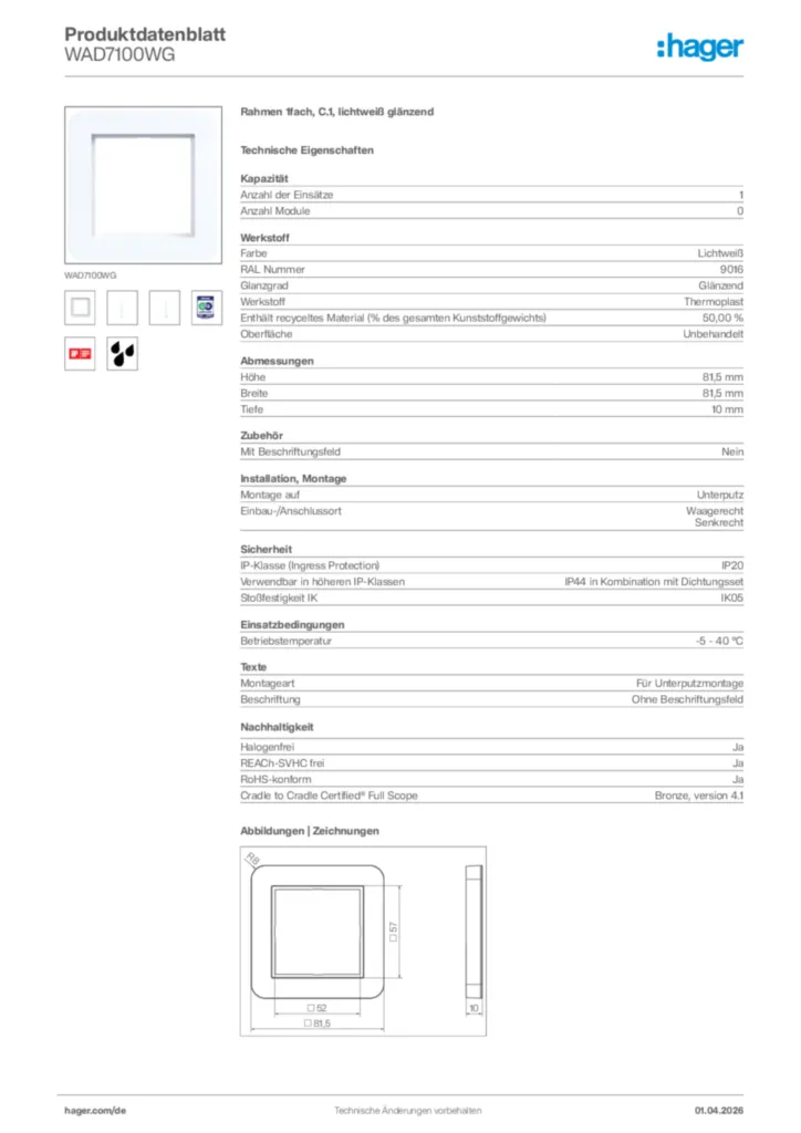 Bild Hager Produktdatenblatt WAD7100WG | Hager Deutschland
