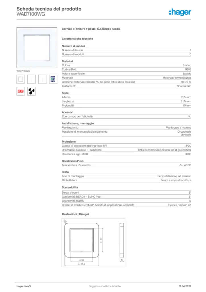 Immagine Hager Scheda tecnica del prodotto WAD7100WG | Hager Italia