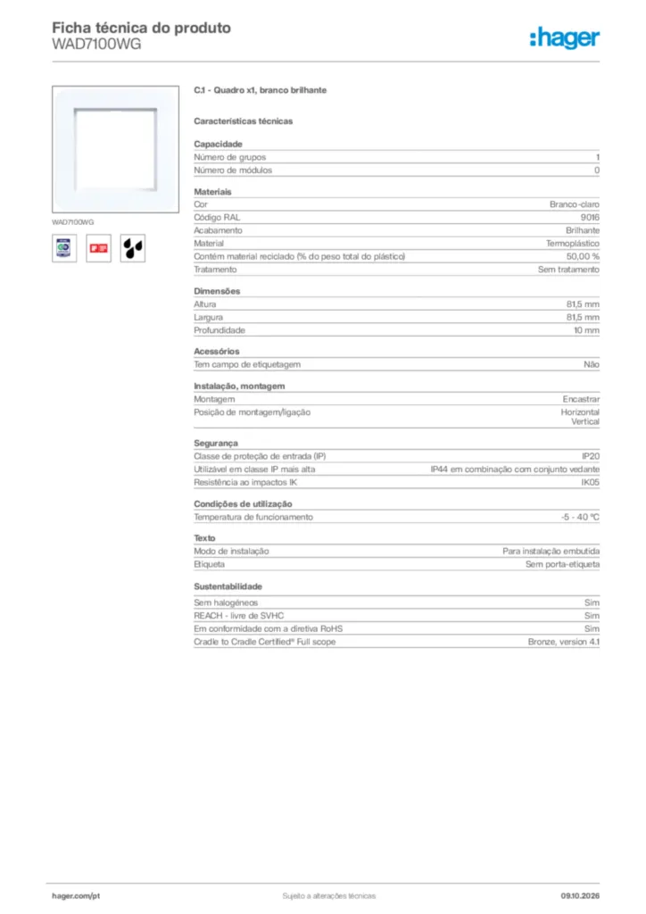 Imagem Hager Ficha técnica do produto WAD7100WG | Hager Portugal