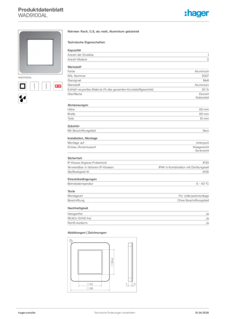 Bild Hager Produktdatenblatt WAD9100AL | Hager Deutschland
