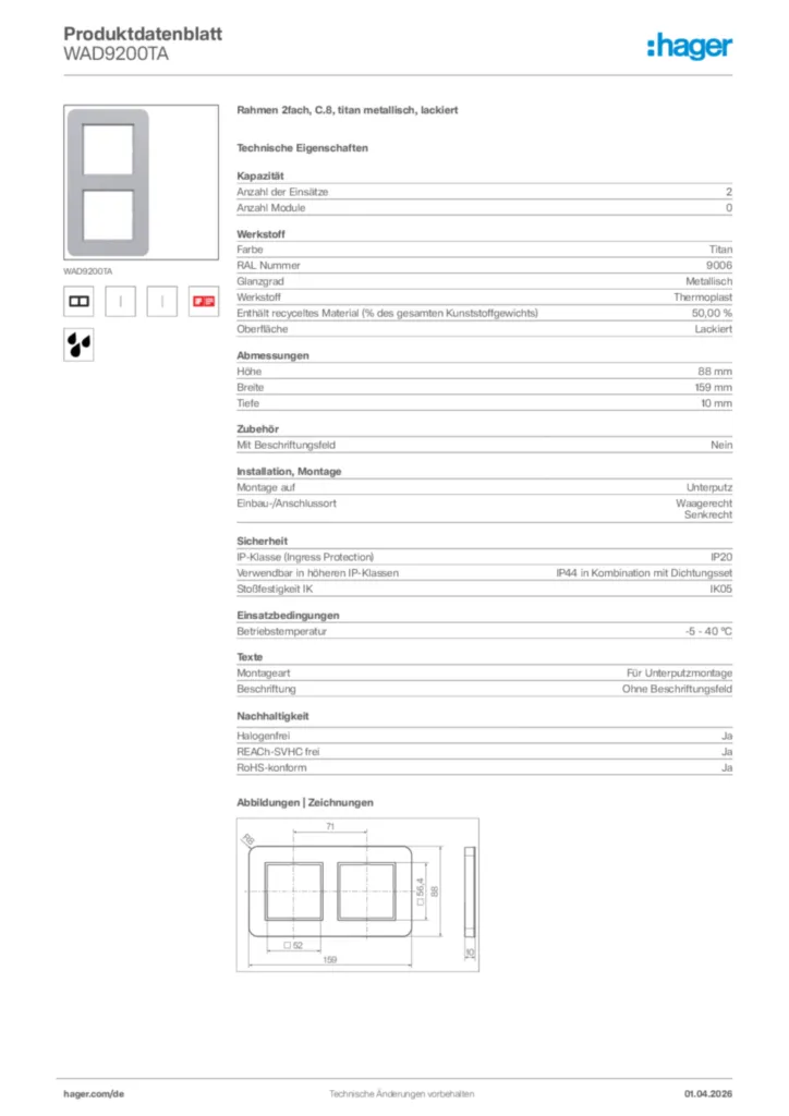 Bild Hager Produktdatenblatt WAD9200TA | Hager Deutschland