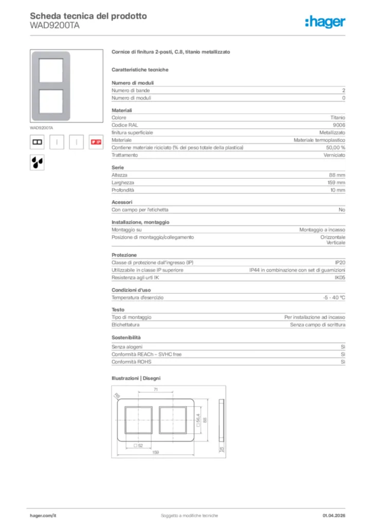 Immagine Hager Scheda tecnica del prodotto WAD9200TA | Hager Italia