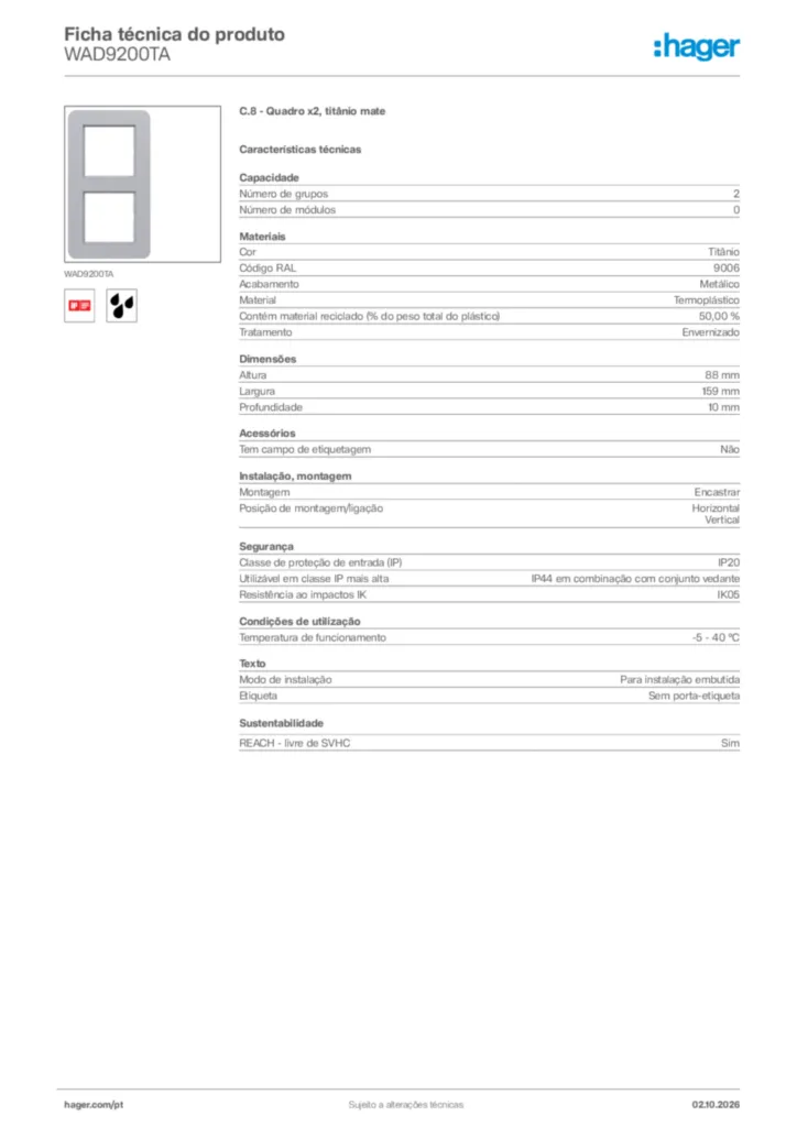 Imagem Hager Ficha técnica do produto WAD9200TA | Hager Portugal