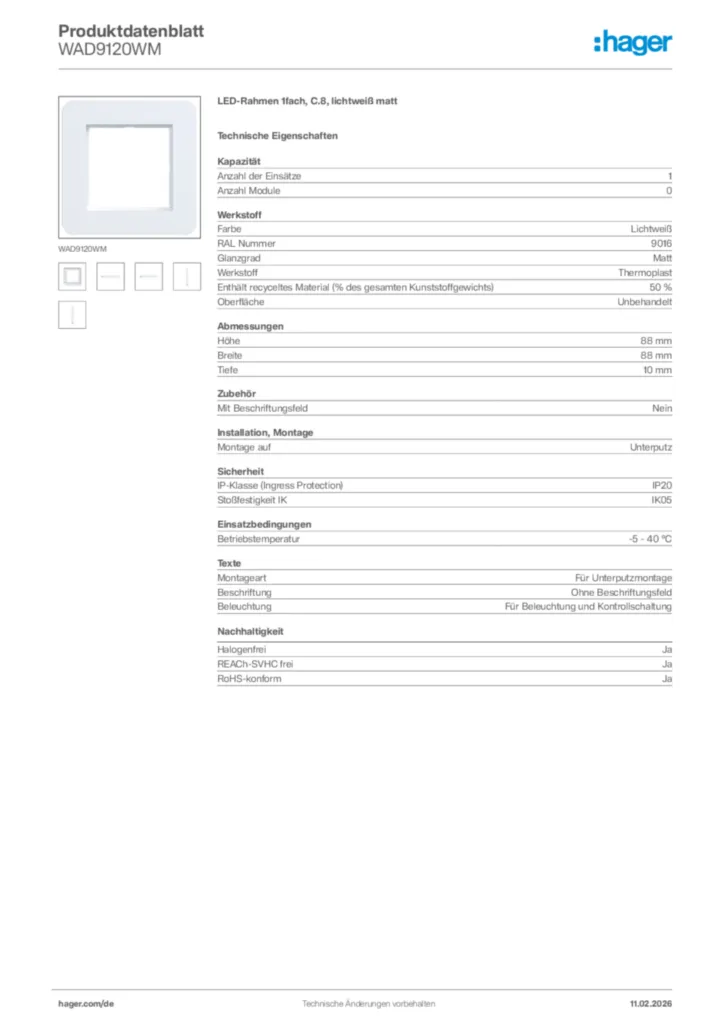 Bild Hager Produktdatenblatt WAD9120WM | Hager Deutschland
