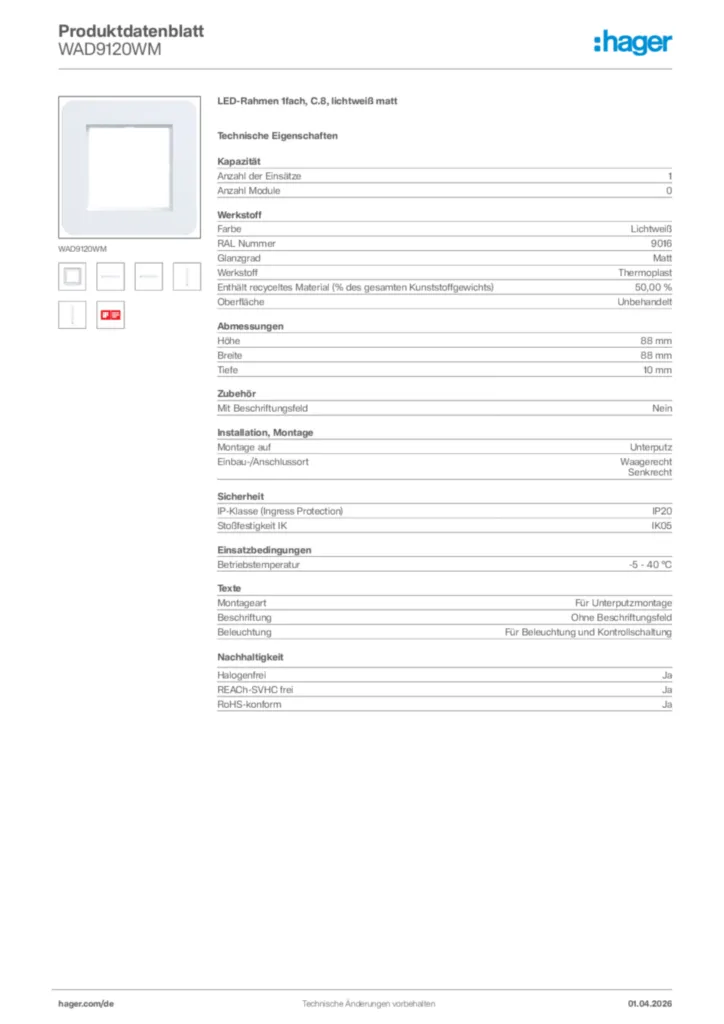 Bild Hager Produktdatenblatt WAD9120WM | Hager Deutschland