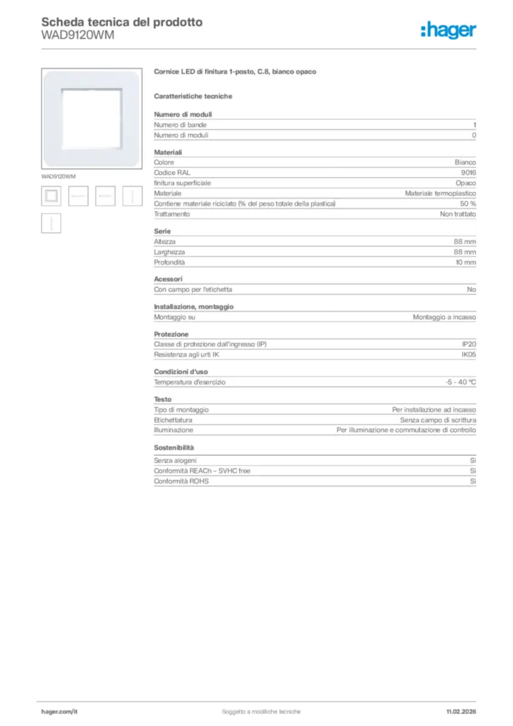 Immagine Hager Scheda tecnica del prodotto WAD9120WM | Hager Italia