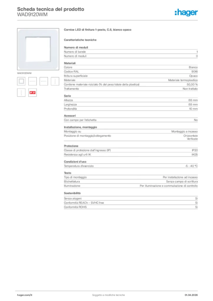 Immagine Hager Scheda tecnica del prodotto WAD9120WM | Hager Italia