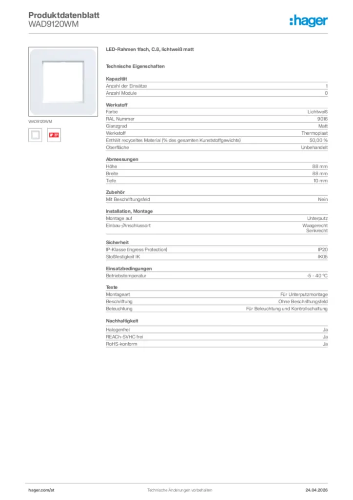 Bild Hager Produktdatenblatt WAD9120WM | Hager Deutschland