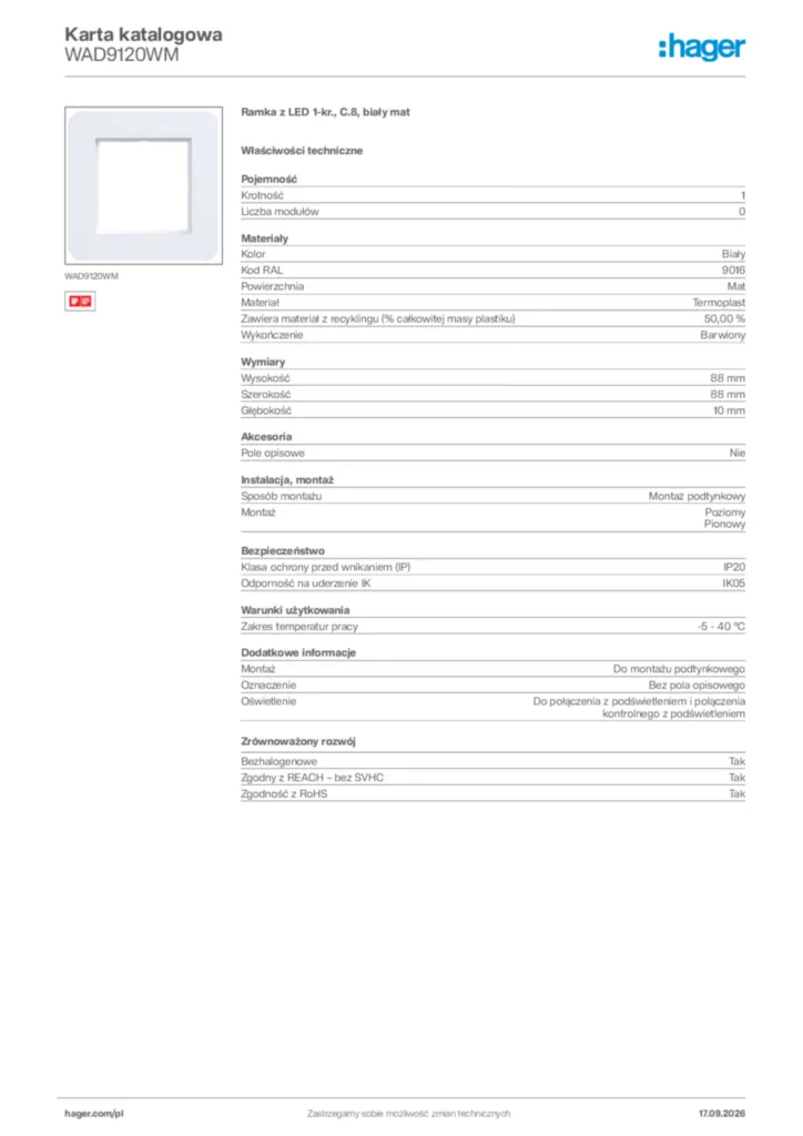 Zdjęcie Hager Karta katalogowa WAD9120WM | Hager Polska