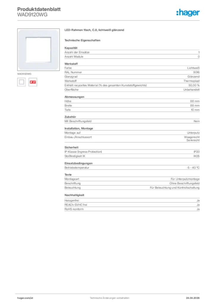 Bild Hager Produktdatenblatt WAD9120WG | Hager Deutschland