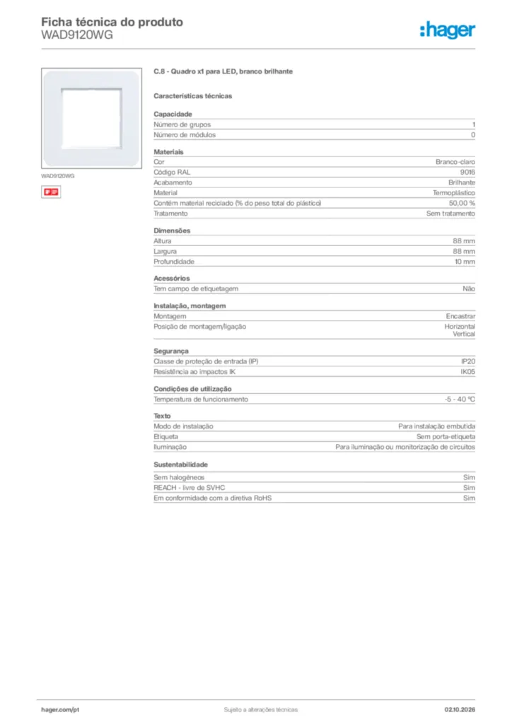 Imagem Hager Ficha técnica do produto WAD9120WG | Hager Portugal