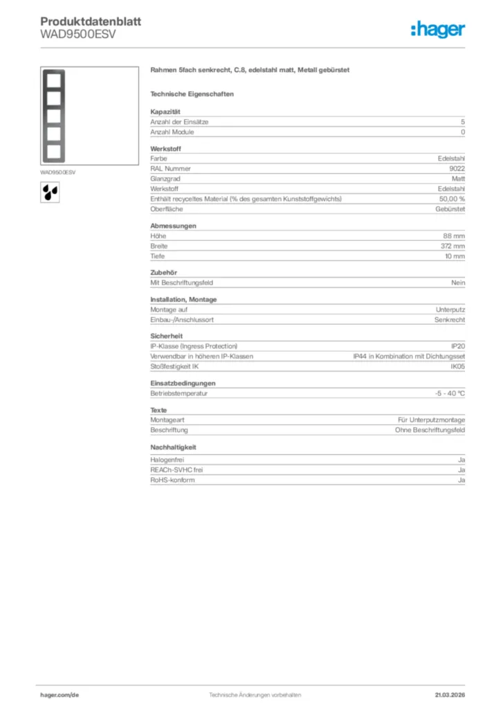 Bild Hager Produktdatenblatt WAD9500ESV | Hager Deutschland