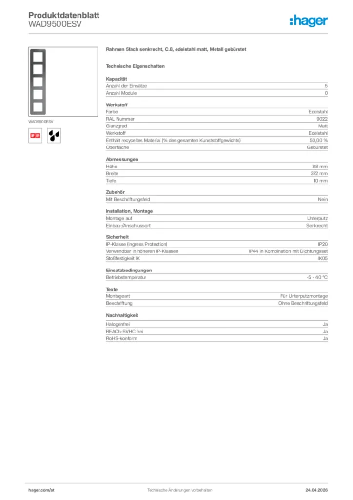 Bild Hager Produktdatenblatt WAD9500ESV | Hager Deutschland