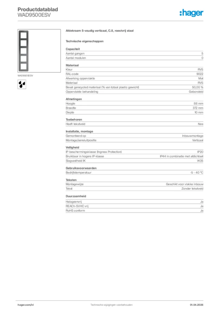 Afbeelding Hager Productdatablad WAD9500ESV | Hager Nederland