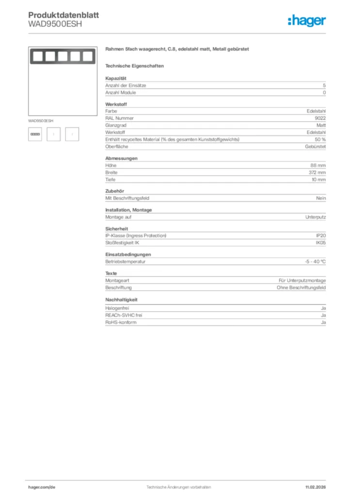 Bild Hager Produktdatenblatt WAD9500ESH | Hager Deutschland