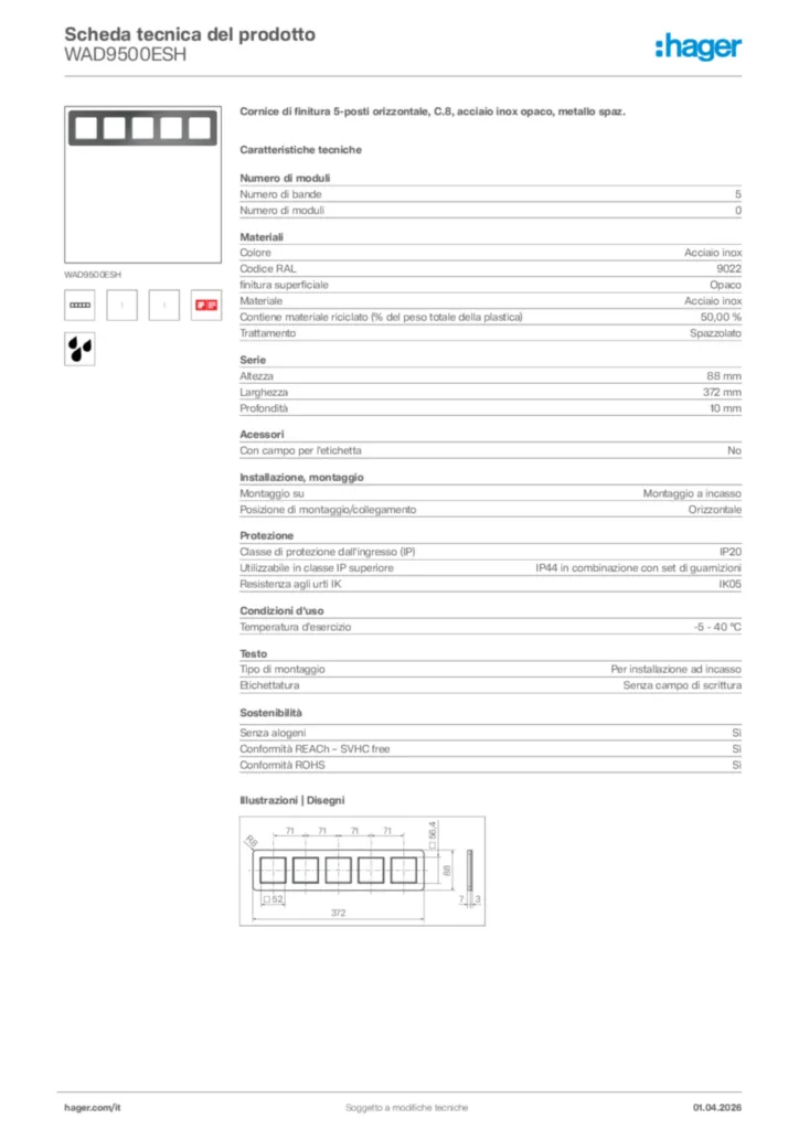 Immagine Hager Scheda tecnica del prodotto WAD9500ESH | Hager Italia
