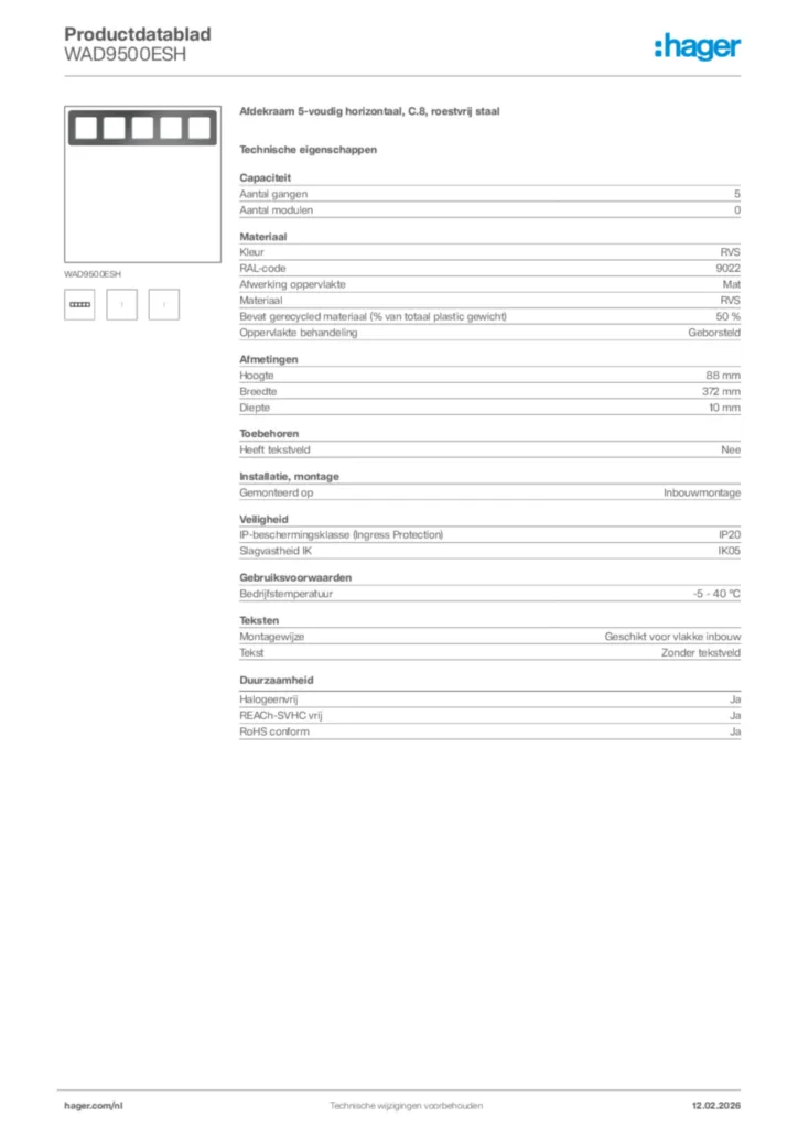 Afbeelding Hager Productdatablad WAD9500ESH | Hager Nederland