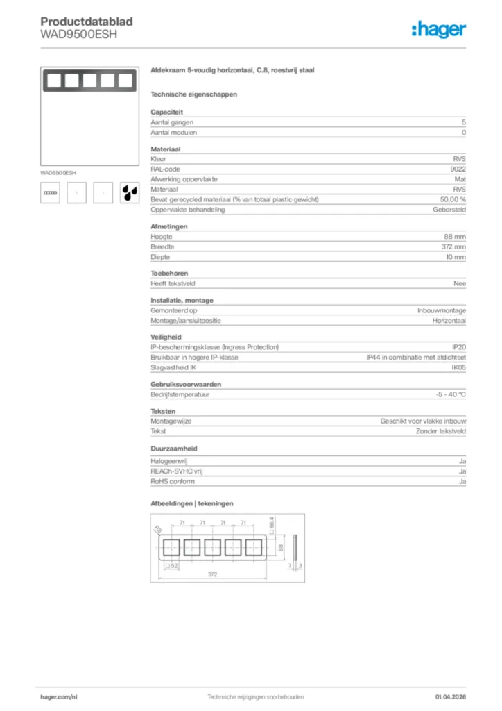 Afbeelding Hager Productdatablad WAD9500ESH | Hager Nederland