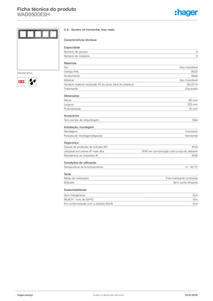 Imagem Hager Ficha técnica do produto WAD9500ESH | Hager Portugal