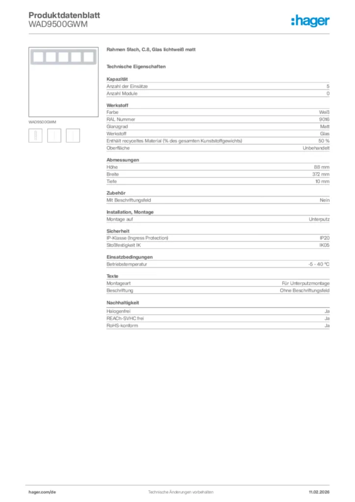 Bild Hager Produktdatenblatt WAD9500GWM | Hager Deutschland