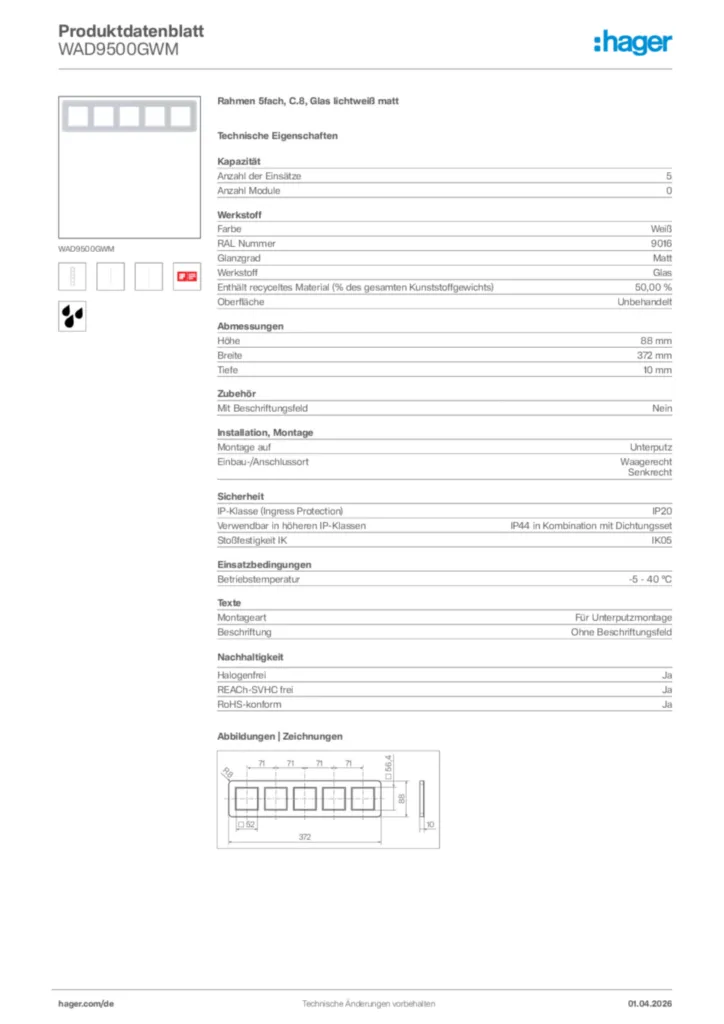 Bild Hager Produktdatenblatt WAD9500GWM | Hager Deutschland