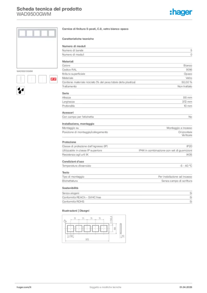 Immagine Hager Scheda tecnica del prodotto WAD9500GWM | Hager Italia