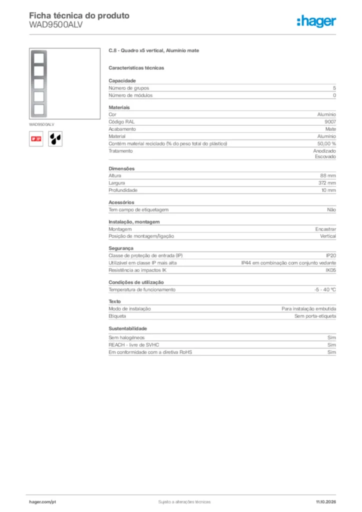 Imagem Hager Ficha técnica do produto WAD9500ALV | Hager Portugal
