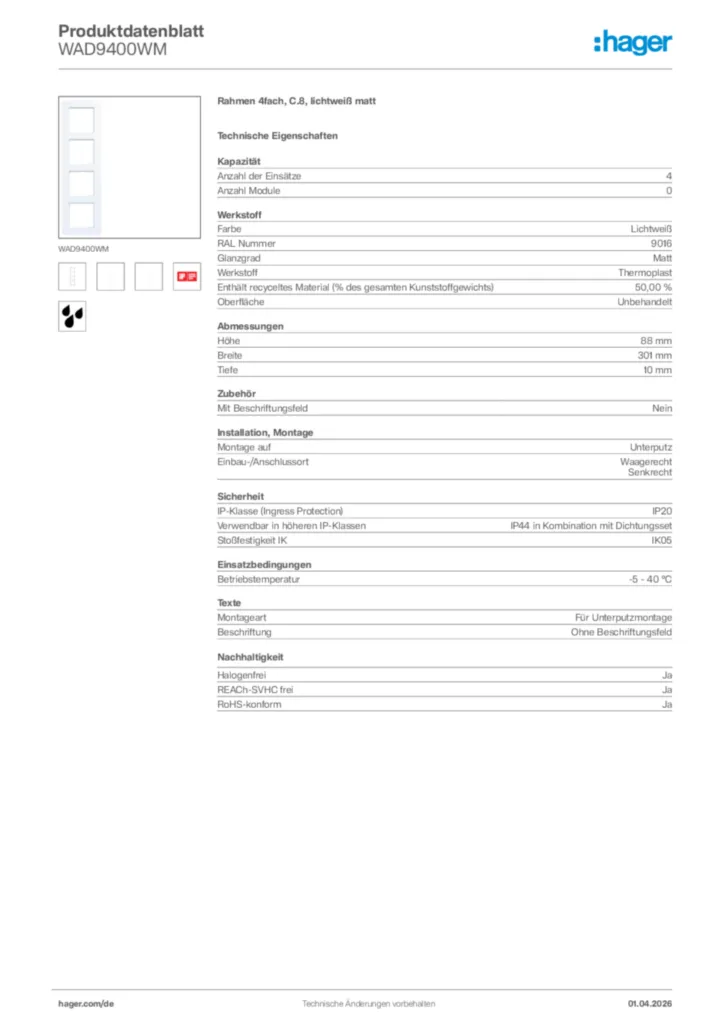 Bild Hager Produktdatenblatt WAD9400WM | Hager Deutschland