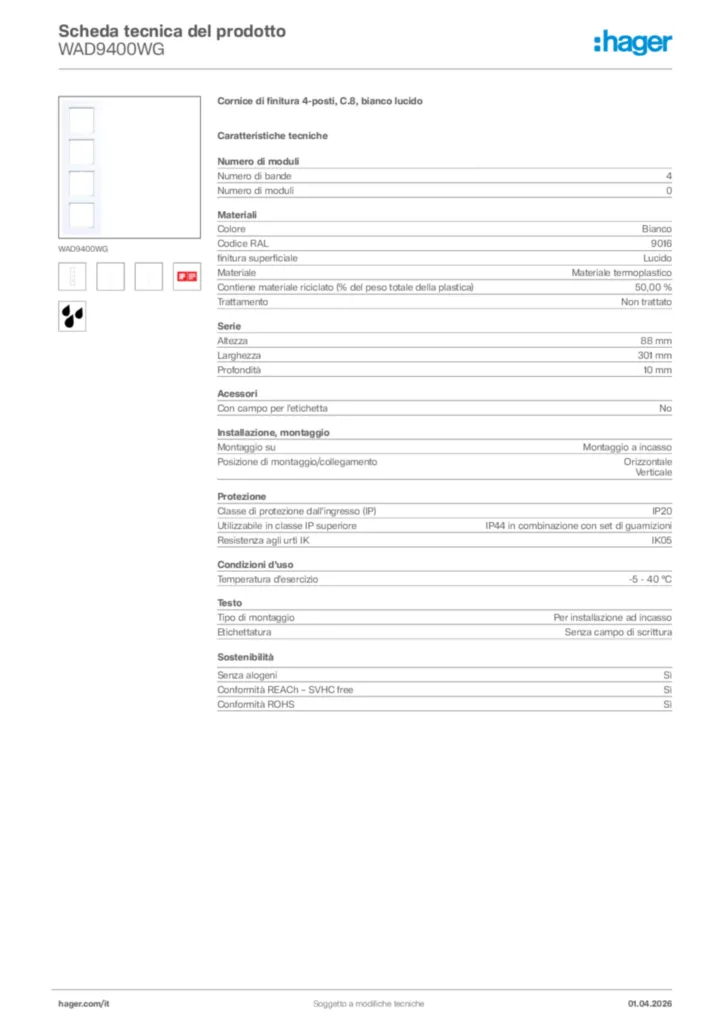 Immagine Hager Scheda tecnica del prodotto WAD9400WG | Hager Italia