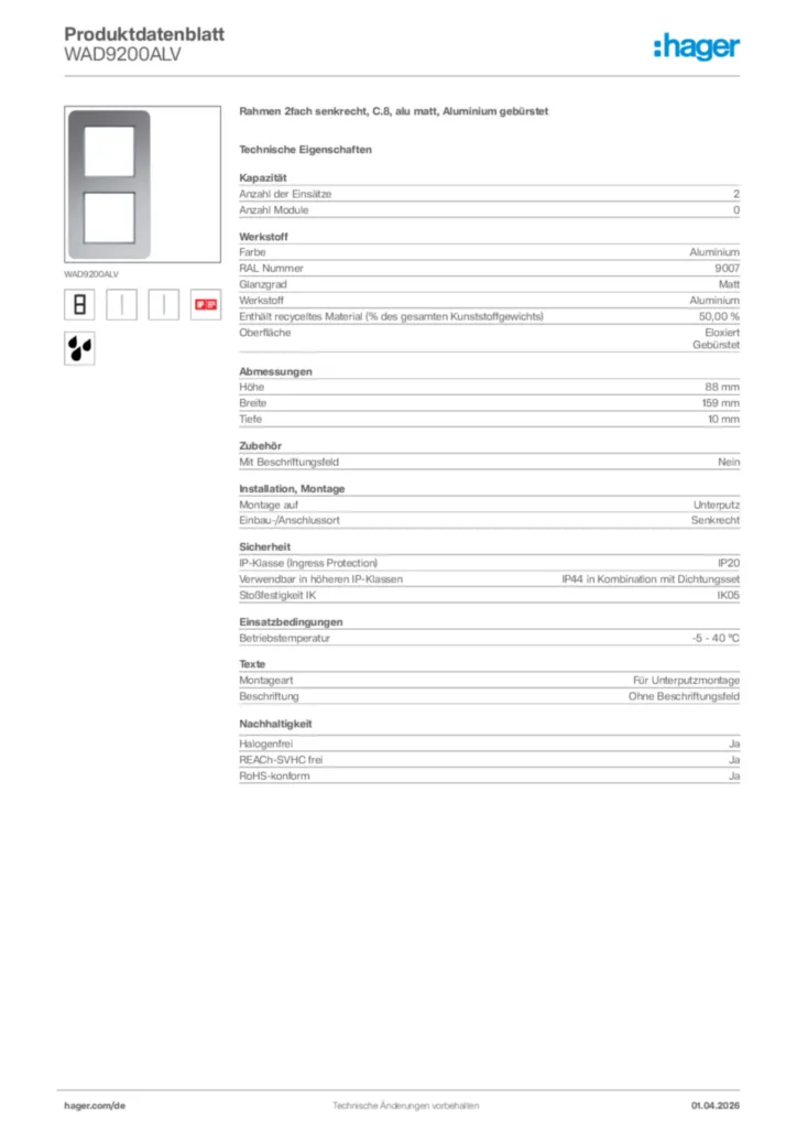 Bild Hager Produktdatenblatt WAD9200ALV | Hager Deutschland