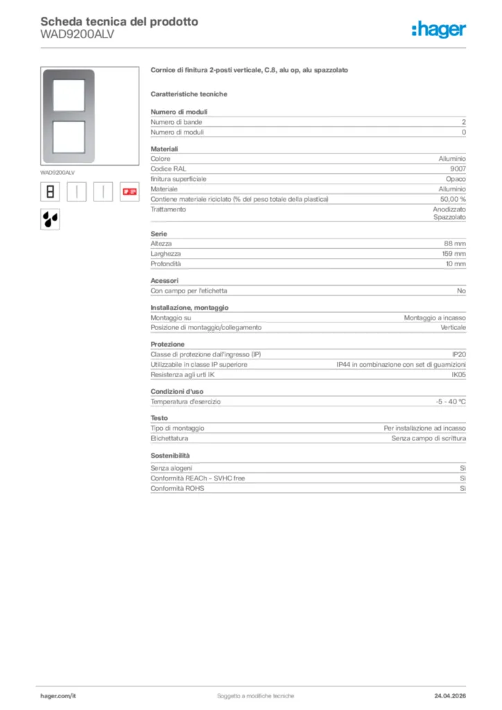 Immagine Hager Scheda tecnica del prodotto WAD9200ALV | Hager Italia