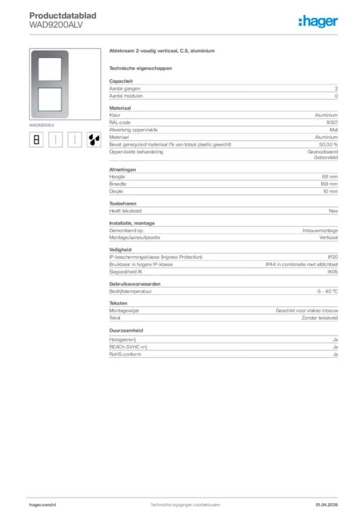 Afbeelding Hager Productdatablad WAD9200ALV | Hager Nederland