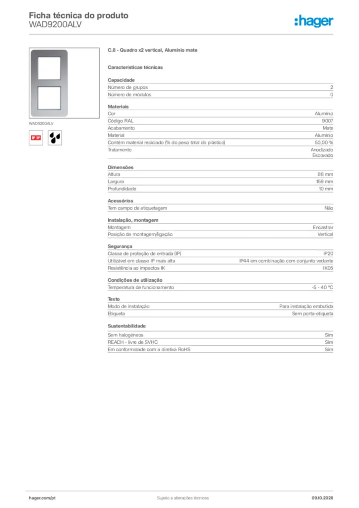 Imagem Hager Ficha técnica do produto WAD9200ALV | Hager Portugal
