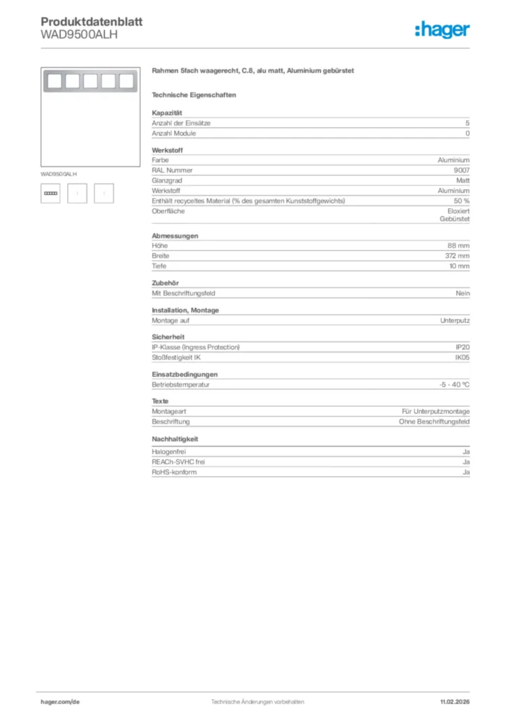 Bild Hager Produktdatenblatt WAD9500ALH | Hager Deutschland