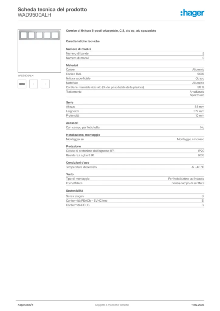 Immagine Hager Scheda tecnica del prodotto WAD9500ALH | Hager Italia