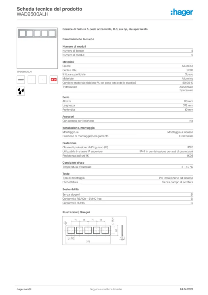 Immagine Hager Scheda tecnica del prodotto WAD9500ALH | Hager Italia