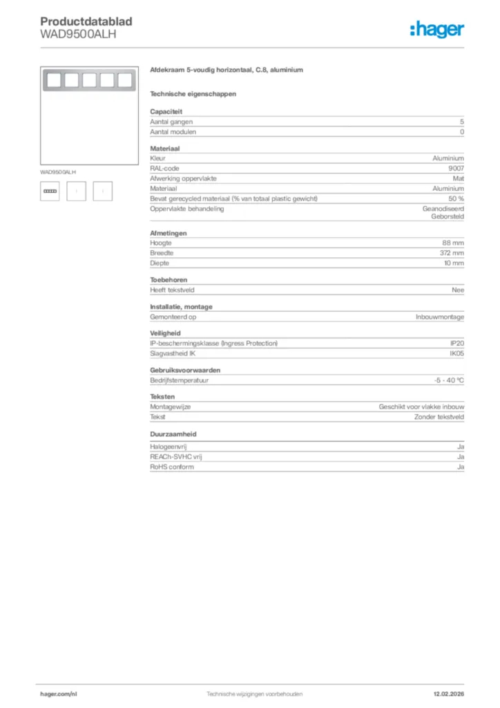 Afbeelding Hager Productdatablad WAD9500ALH | Hager Nederland