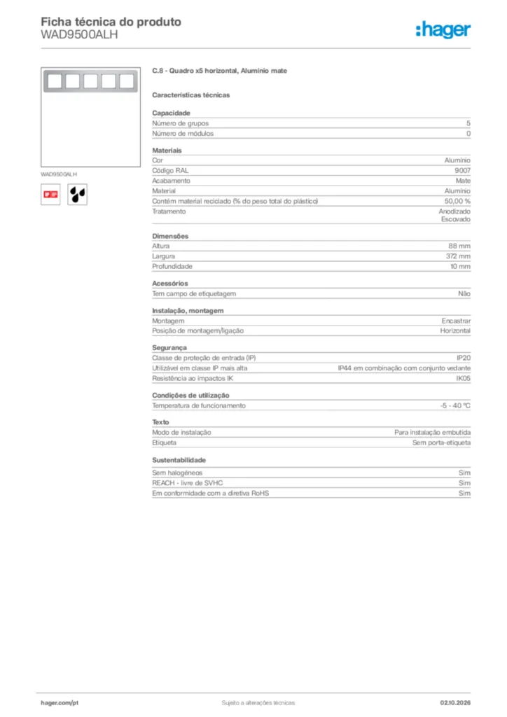Imagem Hager Ficha técnica do produto WAD9500ALH | Hager Portugal