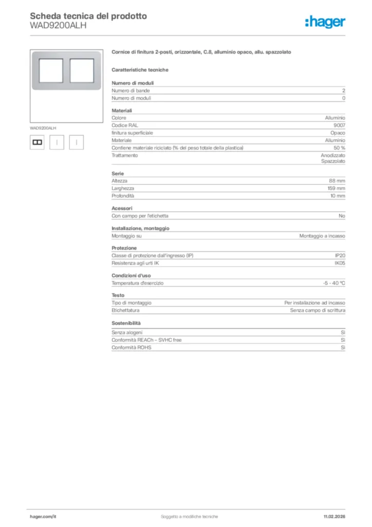 Immagine Hager Scheda tecnica del prodotto WAD9200ALH | Hager Italia