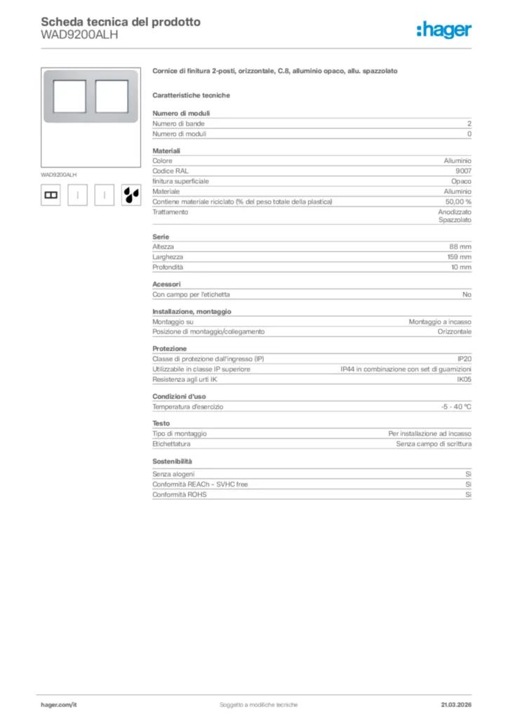 Immagine Hager Scheda tecnica del prodotto WAD9200ALH | Hager Italia
