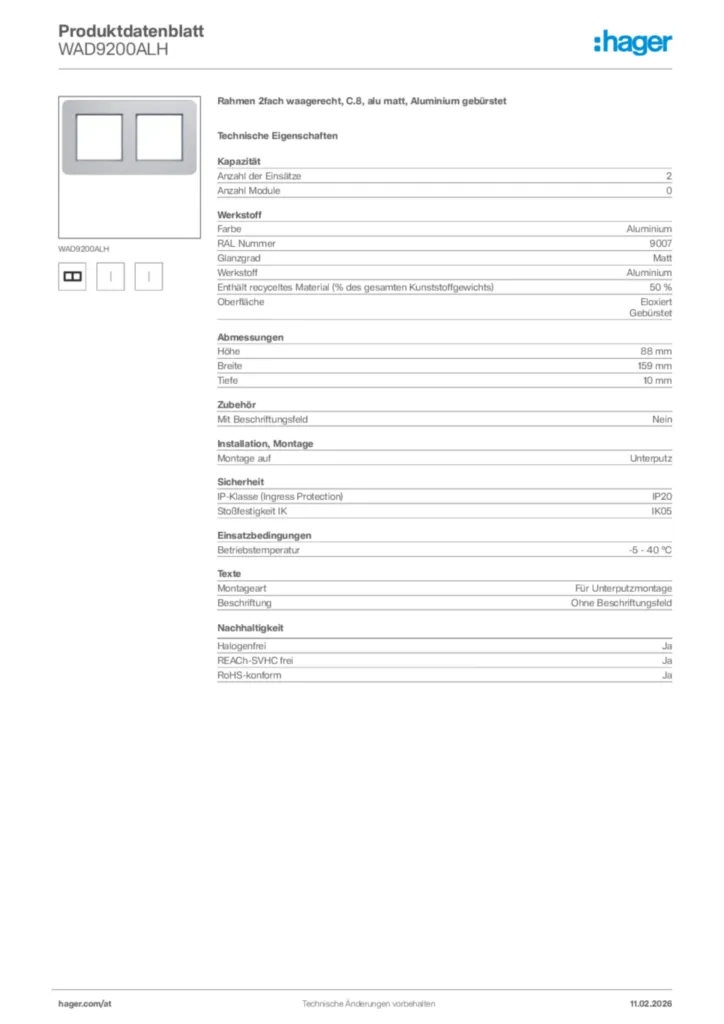 Bild Hager Produktdatenblatt WAD9200ALH | Hager Deutschland