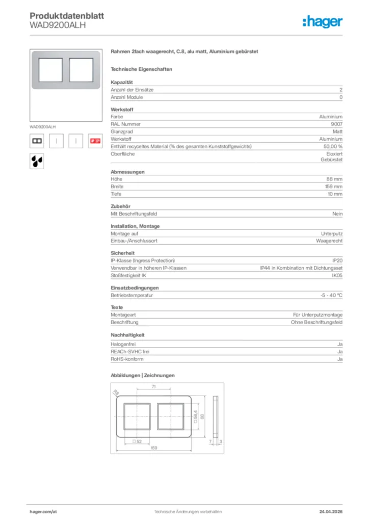 Bild Hager Produktdatenblatt WAD9200ALH | Hager Deutschland