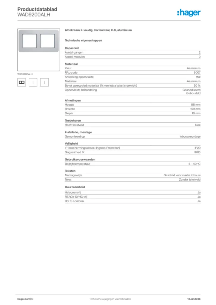 Afbeelding Hager Productdatablad WAD9200ALH | Hager Nederland