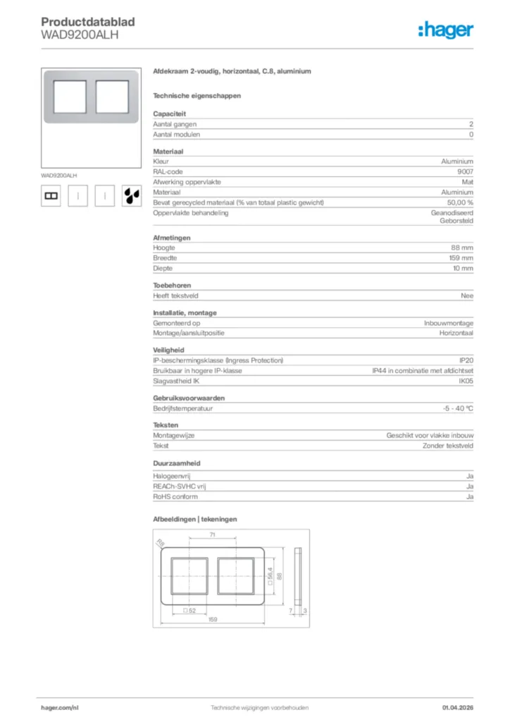 Afbeelding Hager Productdatablad WAD9200ALH | Hager Nederland