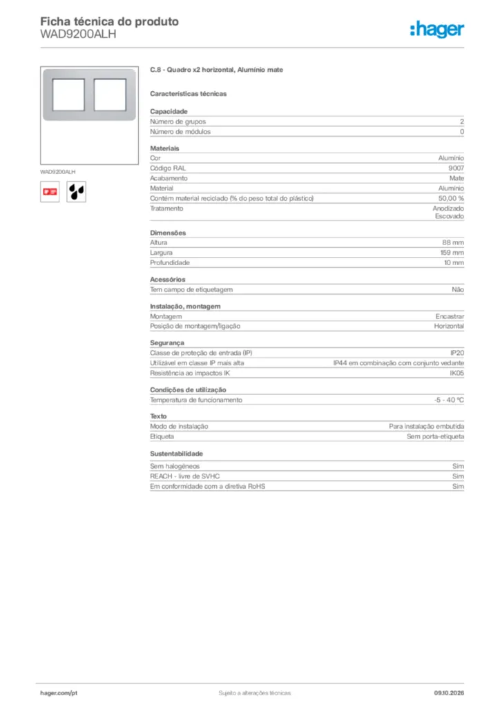 Imagem Hager Ficha técnica do produto WAD9200ALH | Hager Portugal