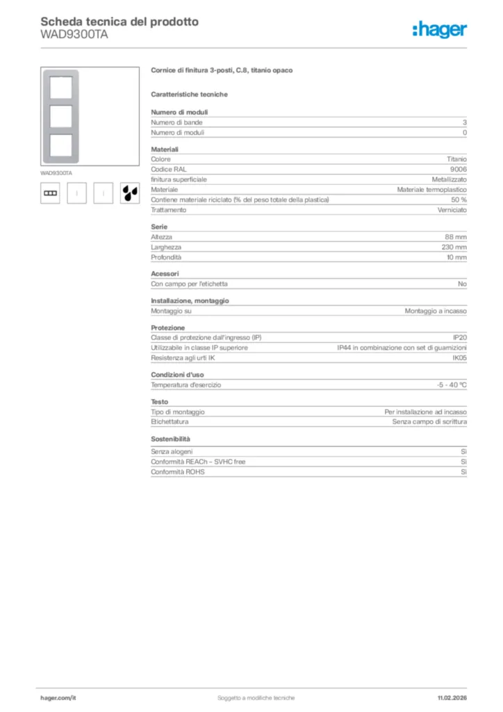 Immagine Hager Scheda tecnica del prodotto WAD9300TA | Hager Italia